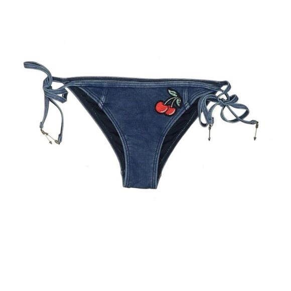VTG Jean Denim Blue Tie-Side Bikini Bottom Cherry Print Patch 2000s y2k stitched - Picture 1 of 4